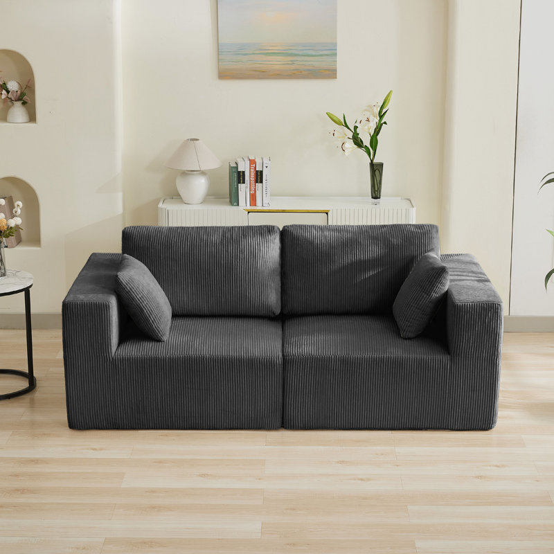 Canapé modulaire rembourré, canapé 2 places avec accoudoirs carrés, sans assemblage requis, 2, Velours côtelé gris
