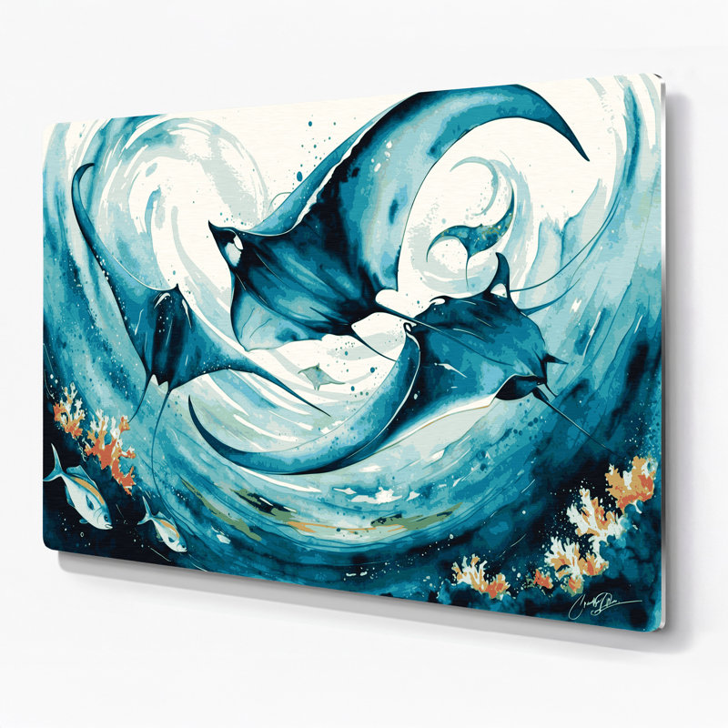 Art mural vert hawaïen avec raies manta, H 11 po x l 14 po