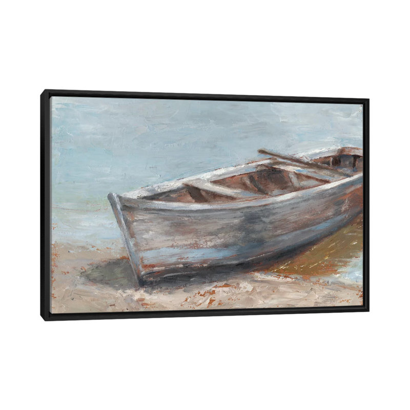 «Whitewashed Boat II» par Ethan Harper - reproduction d'art encadrée, H 18 po x l 26 po x P 1,5 po, Toile avec cadre noir