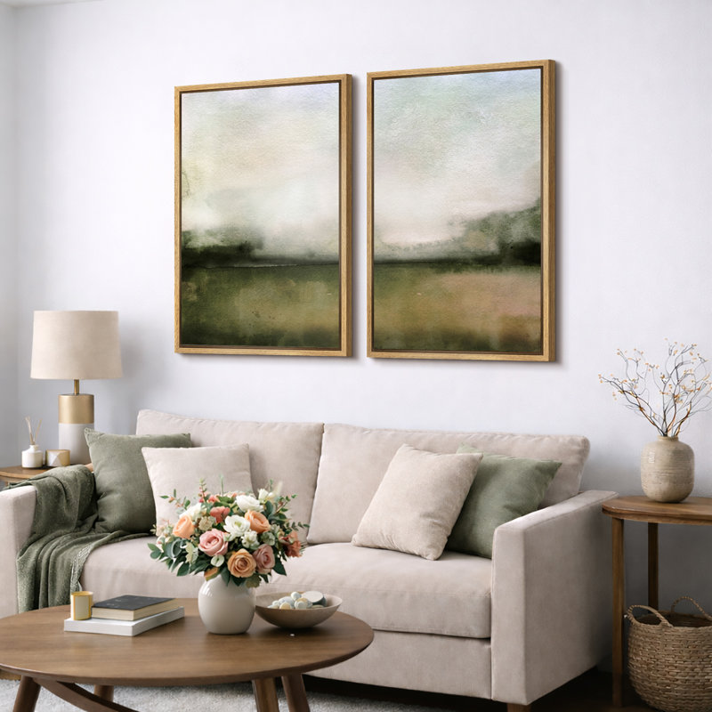 Minimal Landscape "Muted Green Watercolor Artwork, Classic Simple Minimalist Wall Pictures, Framed Canvas Giclee Print 2 Pieces Wall Art Set" 16x24x2 pcs, 24x36x2 pcs