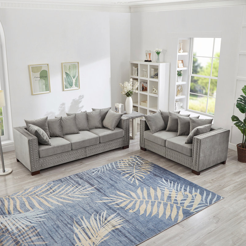 Canapé de salon moderne avec accoudoirs carrés 2 + 3 places et clous argentés avec revêtement en velours gris, Gris
