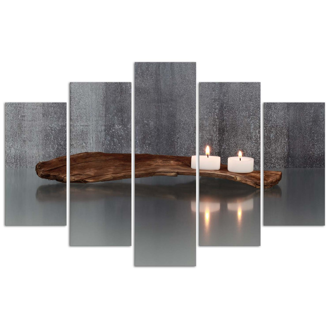 Leinwandbild 5 teilig, Zen Spa Kerze Holz