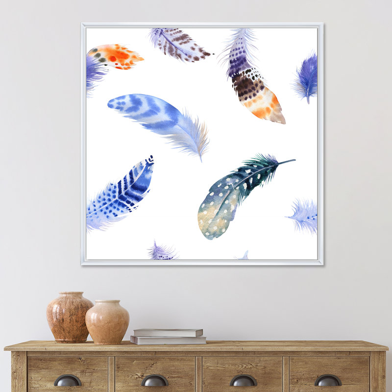 Ensemble de plumes colorées Boho VII - peinture sur toile, H 30 po x l 30 po x P 1 po, Cadre blanc