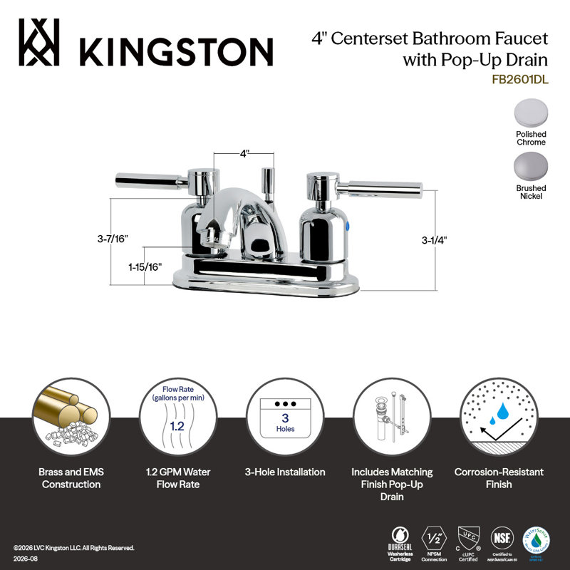 Robinet de salle de bain central à 4 poignées à 3 trous à fixation sur le comptoir avec robinet escamotable en plastique Kingston Brass