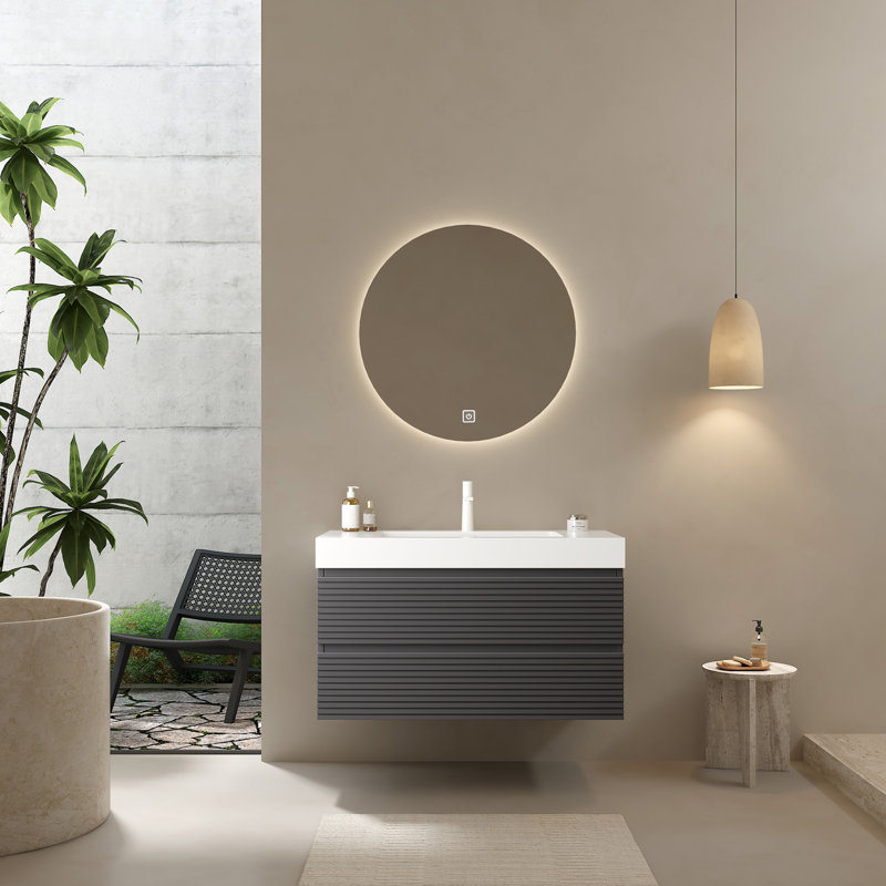Meuble-lavabo mural 36 po à 2 tiroirs avec lavabo encastré et contreplaqué flottant