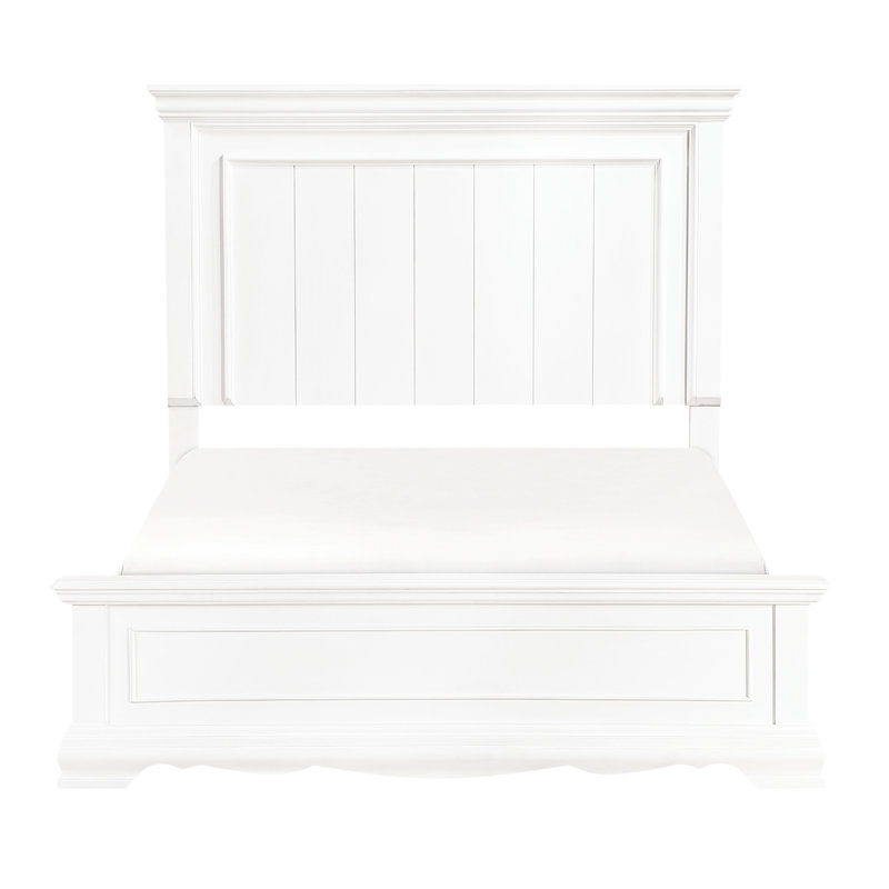 Structure de lit grand format avec finition blanche, conception élégante à panneaux, tête de lit et meubles de chambre à coucher, détails de sommier requis, nécessaire