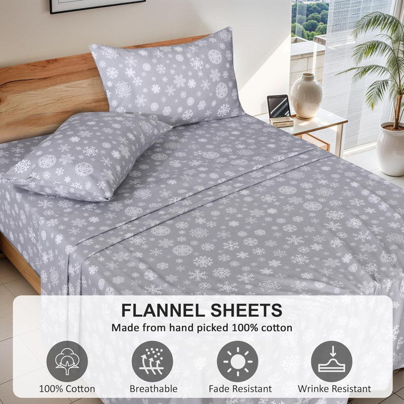 100% Cotton Flannel Sheet Set 4 Piece Warm Cozy Fall Sheets 16 inch Deep Pocket Bed Sheets, Snowflakes Floral