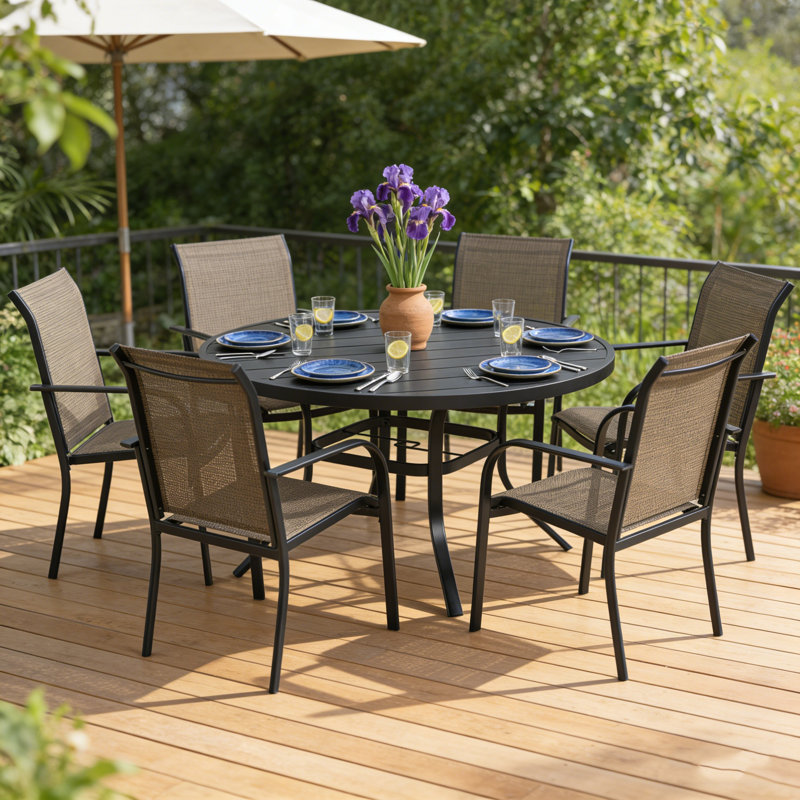 53" Patio Round Metal Dining Table With 1.57" Umbrella Hole, 28" H x 53" W x 53" D