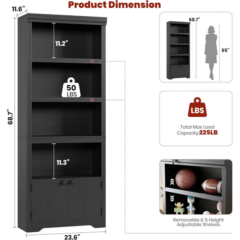 Bibliothèque à 5 niveaux de 23,6 po de large avec 2 portes et tablettes réglables, rangement pour bureau personnel, noir