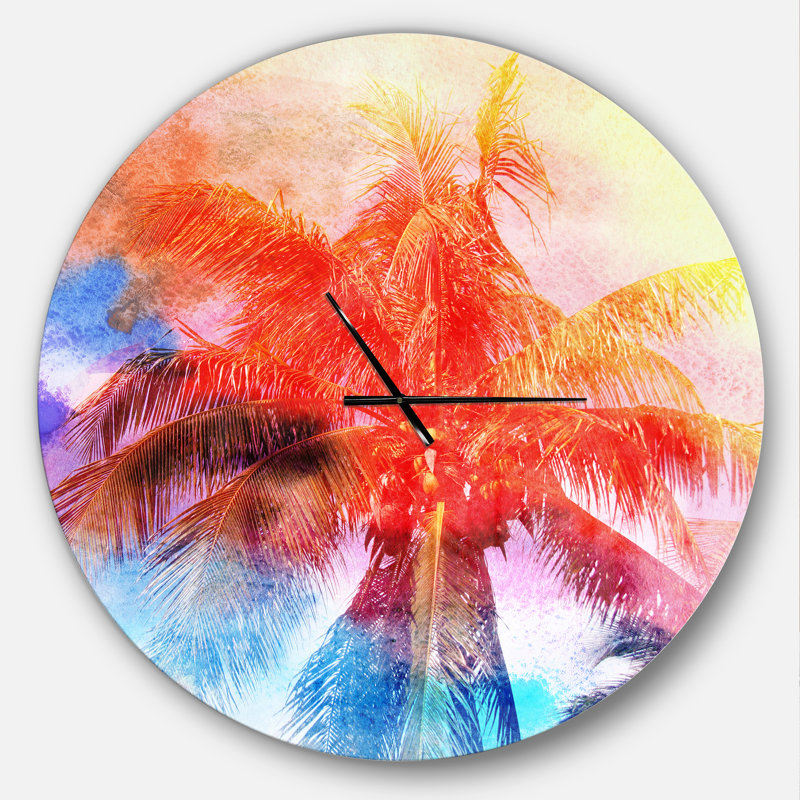 Rétro palmiers rouges, aquarelle - horloge murale moderne, Surdimensionné