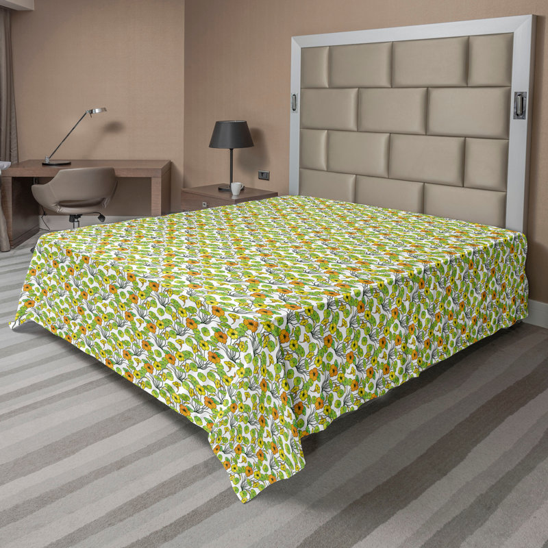 Drap plat moderne de style bohème Ambesonne, Drap plat grand, Vert lime / blanc / motif floral jaune souci
