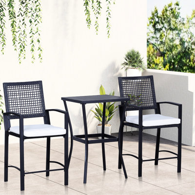 3pcs Patio Bar With Soothing And Cushion, Outdoor Fixture. Ideal For Backyards, Lawn, Deck, Poolside. Tall Chairs Footrest, , Black Steel Furniture , Soft Cushions. For Backyard, Weather ,