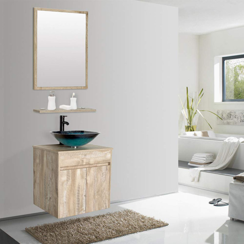 Ensemble de meuble-lavabo mural simple 24 po avec Miroir Kleban, clair, Bois naturel