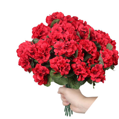12 pièces fleurs artificielles pour l'extérieur géranium artificiel, fausse fleur géranium plante artificielle décor à la maison, géraniums en soie réaliste décoration extérieure fausse plante, lot de 12