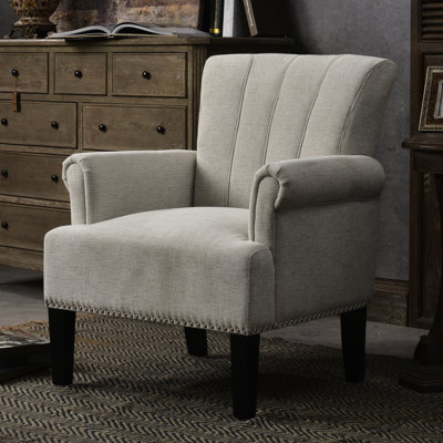 Cream Armchair With Accent Rivet, Solid Engineered Wood Frame, Tapered Square Legs, Rolled Arms, Channel Back, Sinuous Spring Seat, Thick Foam Cushion, Stain - , 31 Lb Product Weight Rivet On Rubber