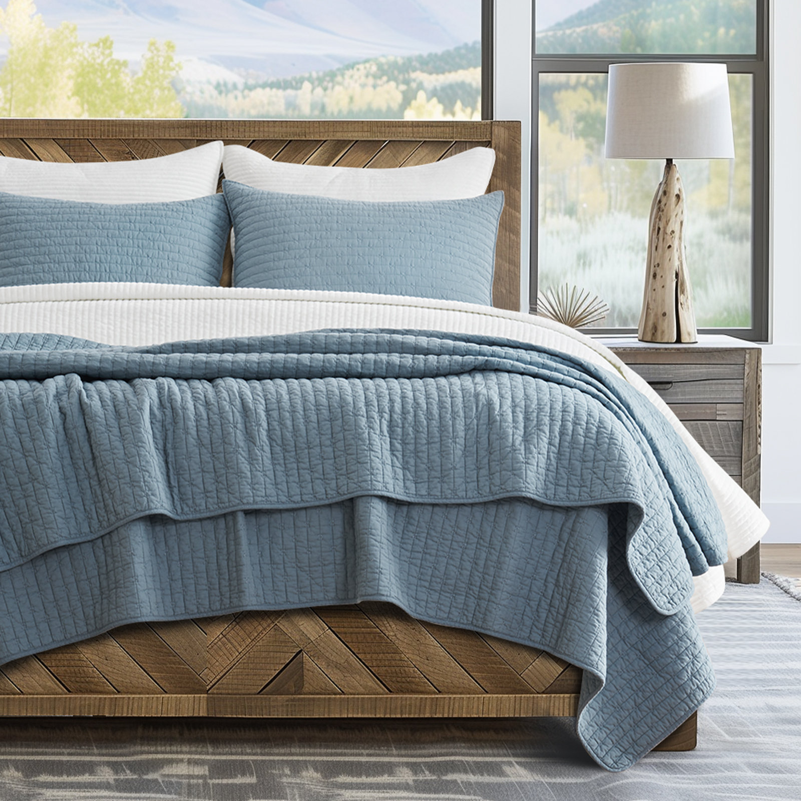 Cross Stitch Cotton Quilt set, Dusty Blue, King