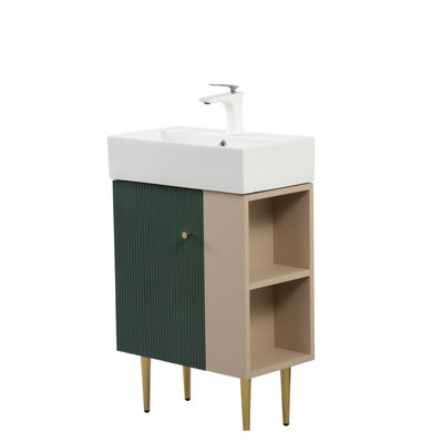 Base de meuble-lavabo de 21,6 po avec tablette ouverte à droite, bois massif et fabrication, lavabo en céramique, portes à fermeture en douceur, installation facile, peinture imperméable, pieds à poignées dorées pour la base de la salle de bain,
