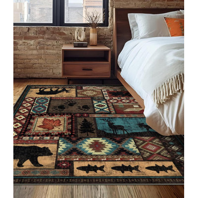 Rustic Lodge Cabin Machine Washable Area Rug with Wildlife Motifs