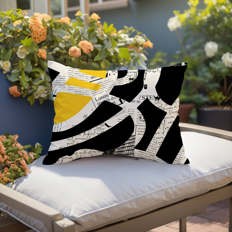 Oreiller rectangulaire réversible intérieur / extérieur Kaya, Jaune / noir / blanc cassé, H 14 po x l 20 po