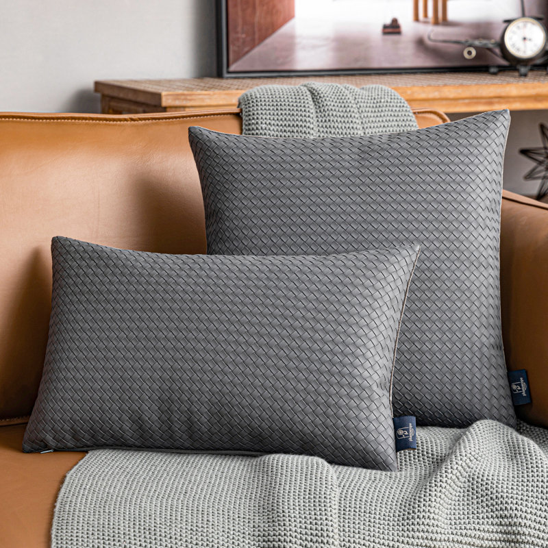 Dark Gray Woven Faux Leather and Velvet Throw Pillows, 18" x 18", Set of 2