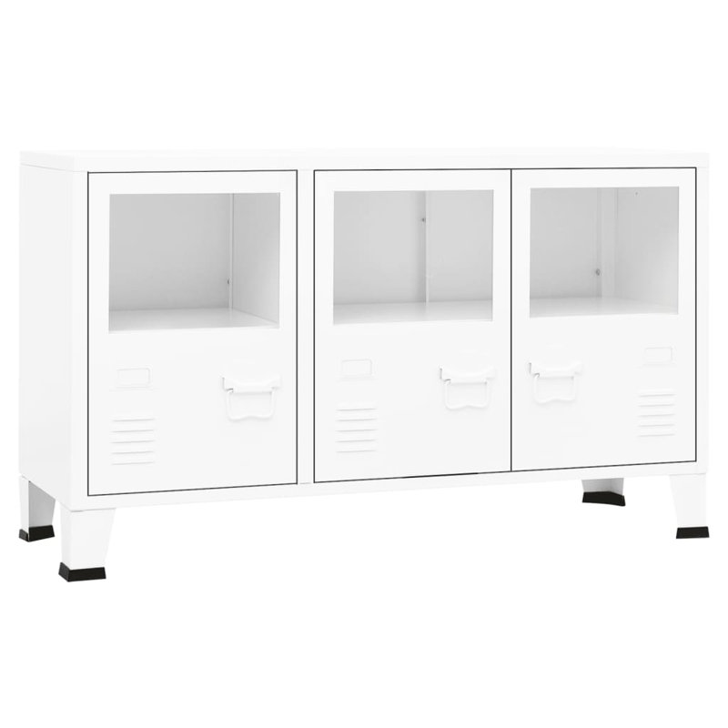 White Industrial Metal and Glass Accent Cabinet with Air Vents