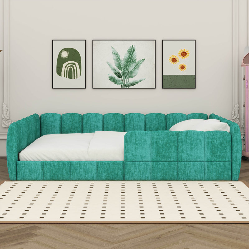 Lit sur pied tapissier en velours avec garde-corps, lit plateforme à profil bas avec lattes de bois, Vert citrouille