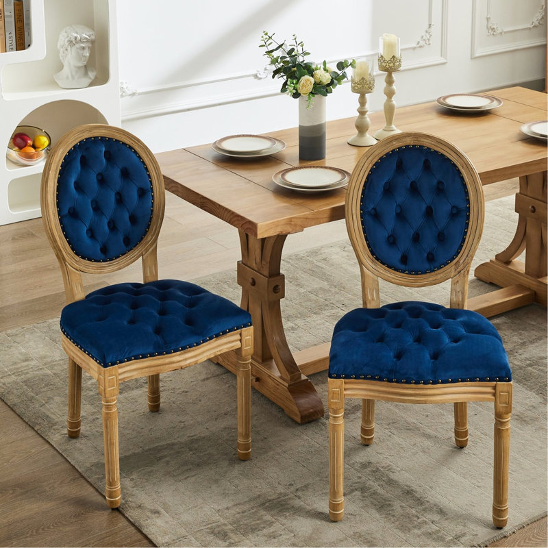 Chaises de salle à manger en velours bleu avec boucle tirée à la main, ressort en acier intérieur de 2 chaises, structure en bois massif, fabriquée à la main