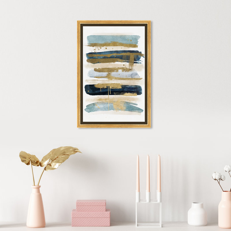 «Abstract Ocean Line» bleu / or / beige - impression sur toile, Cadre flottant doré, H 15 po x l 10 po