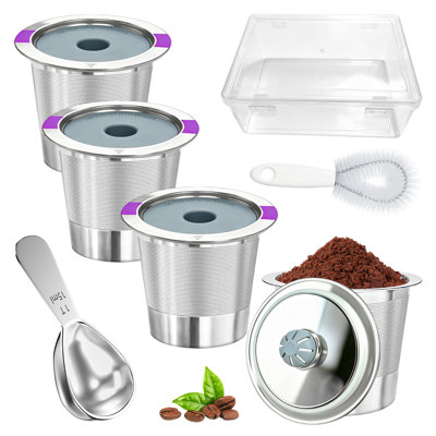 Ensemble de 4 filtres à café réutilisables, capsules de café rechargeables en acier inoxydable, comprenant une cuillère doseuse, une brosse de nettoyage et une boîte de rangement pour cafetières à dosettes individuelles.