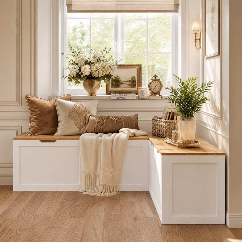 Modular L-Shaped Storage Bench With Hidden Shelf, White/Natural