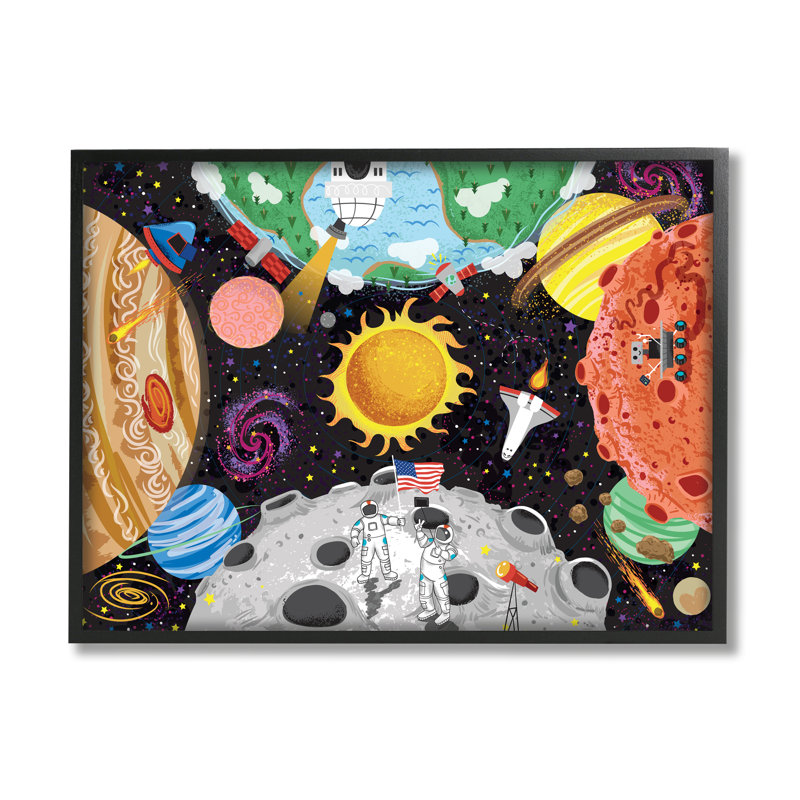 Astronautes sur la lune, H 16 po x l 20 po x P 1,5 po, Giclée encadrée noir minuit