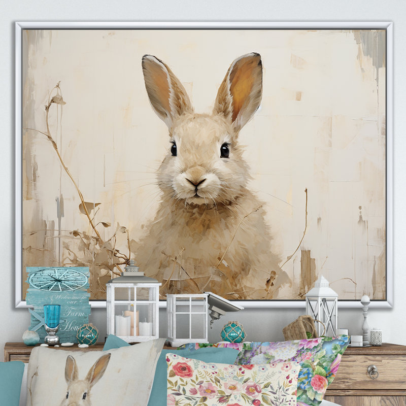" Bunnys Curious Flower Charm ", White Floater Framed, 34" H x 44" W x 1.5" D