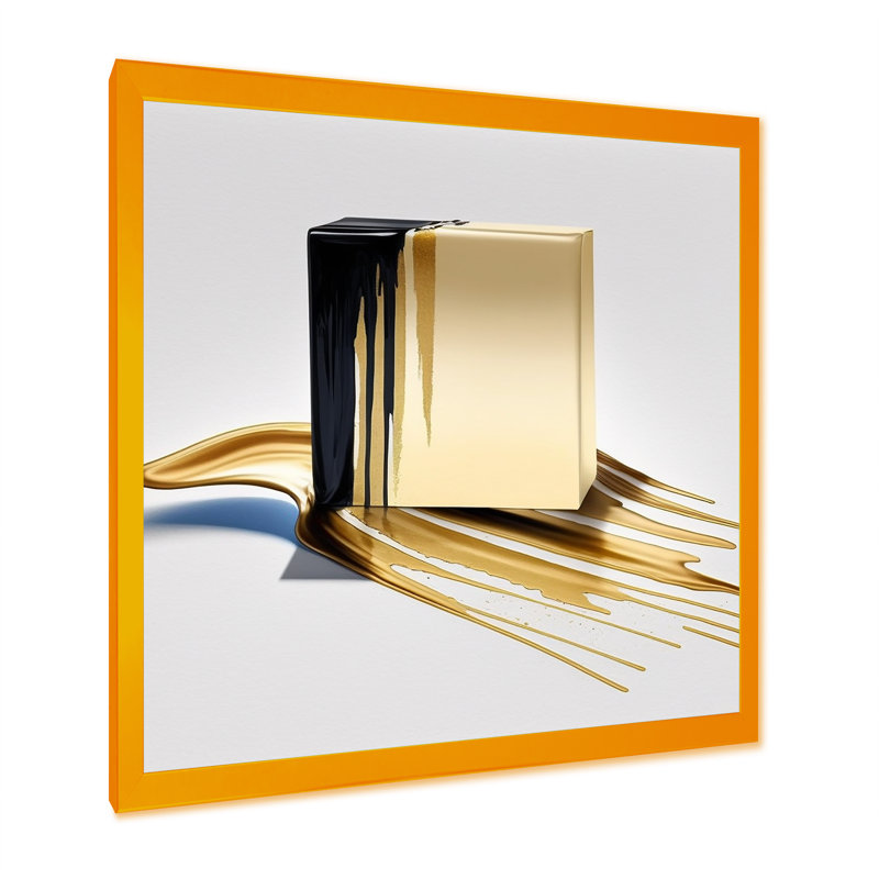 «Cubic», art cubique abstrait noir et doré, H 16 po x l 16 po x P 1 po, Impression dorée sur toile encadrée