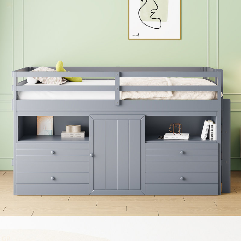 Lit mezzanine simple avec 4 tiroirs, sous l'armoire et les tablettes, Gris