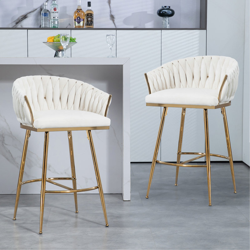 26'' Counter Height Bar Stools Velvet Kitchen Island Counter Bar Stool With Hand- Wave Back,Golden Chromed Base And Footrest (Beige)