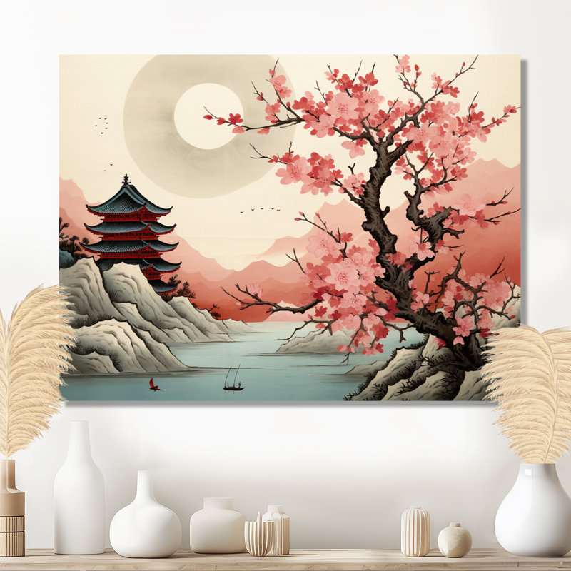 Art japonais de paysage de rivière, fleur de cerisier japonais, Toile tendue, H 12 po x l 20 po x P 1 po