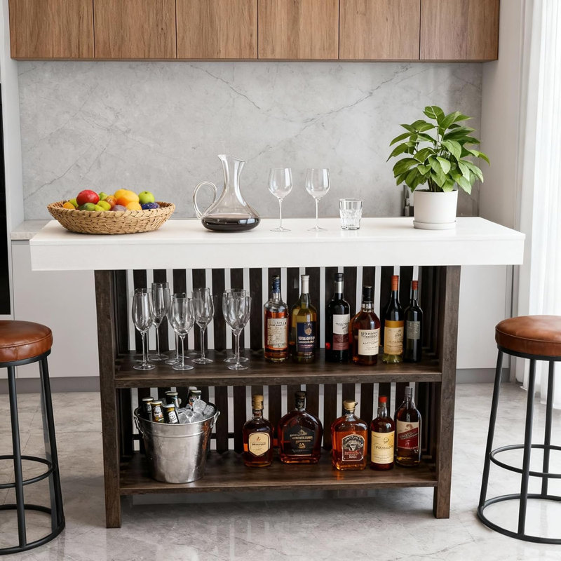 Modern Farmhouse Bar Table 63" – 2-Tier Storage & Footrest – Wooden Counter-Height Pub Table for Kitchen, Dining, Living Room – White Panel, Faux Thick Board – Furong Ancient Wood Cabinet