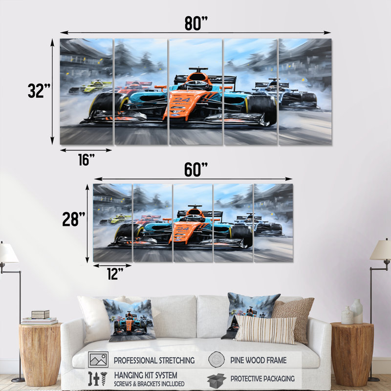Orange et bleu, voiture de course, art mural 5 pièces, H 28 po x l 60 po