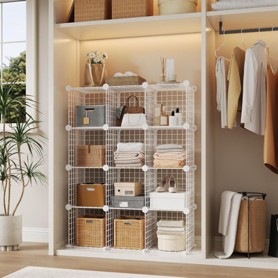 12-Cube Metal Grid Storage Organizer - Modular Wire Cube Shelf Unit, 37.4”l x 12.6”w x 48.8”h, Versatile Closet Cabinet & Bookshelf for Bedroom, Office, Entryway