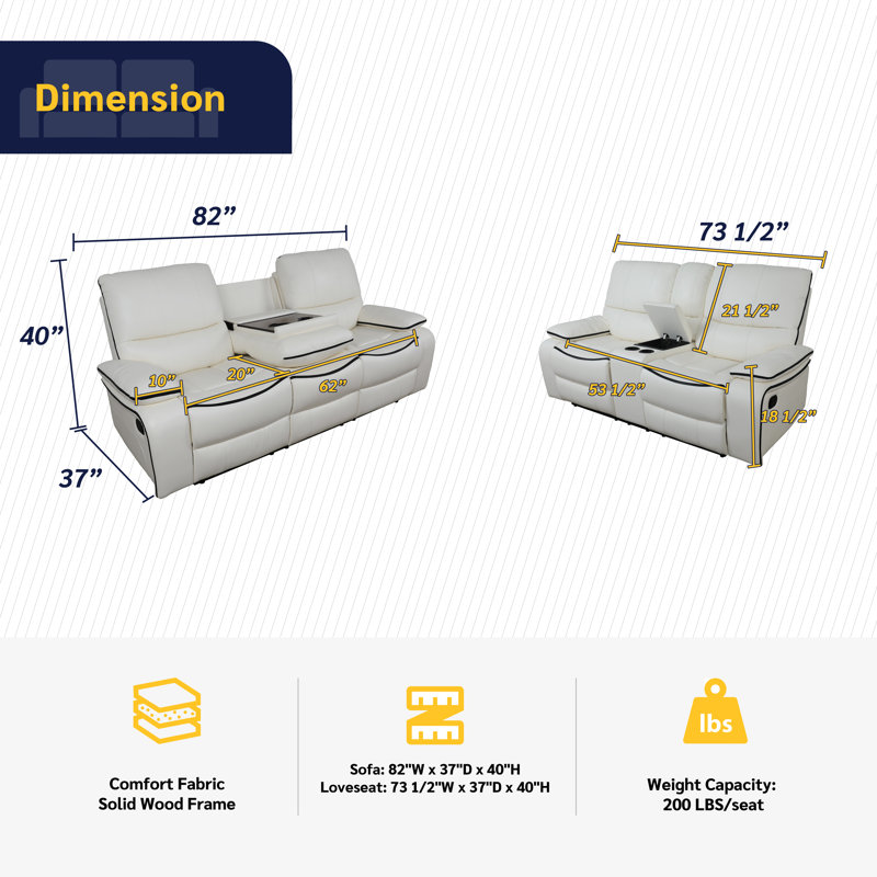 Ensemble de salon inclinable en similicuir 2 pièces avec console de rangement et porte-gobelets Abshier