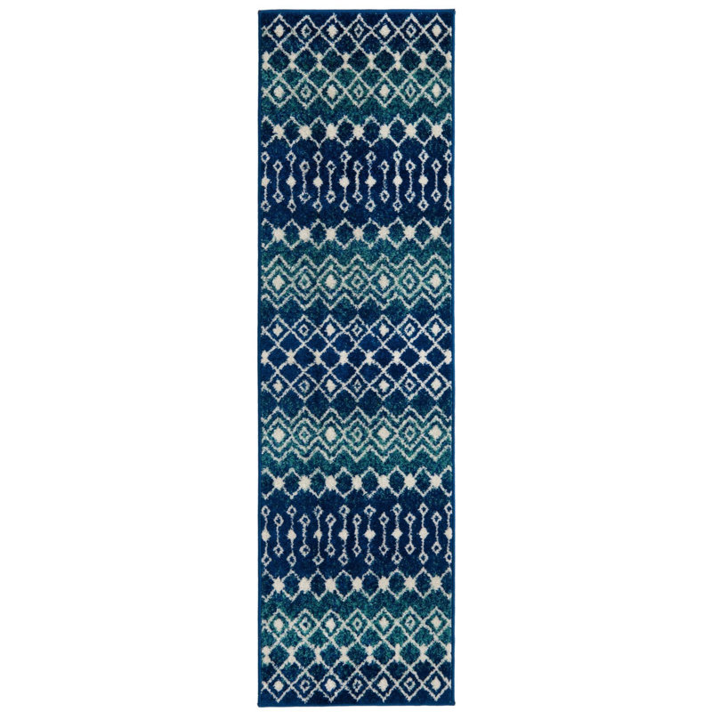 Tapis bleu / ivoire en polypropylène tissé à la machine Briehn, Tapis de couloir de 2 pi x 7 pi