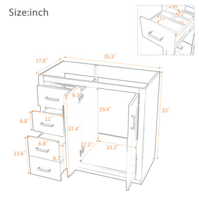 36'' Bathroom Vanity, Solid Wood Frame Bathroom Storage Cabinet, Freestanding Vanity Set with 3 Drawers& Soft Closing Doors