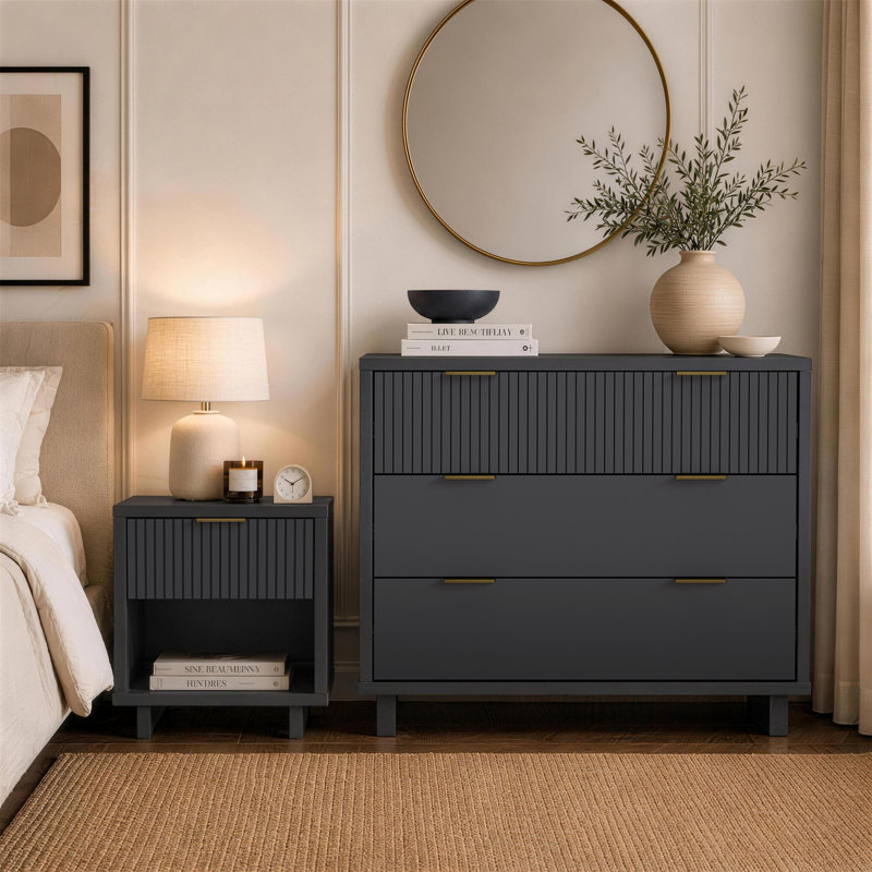 Ensemble de chambre à coucher 2 pièces avec commode et table de chevet gris Elara, Gris anthracite