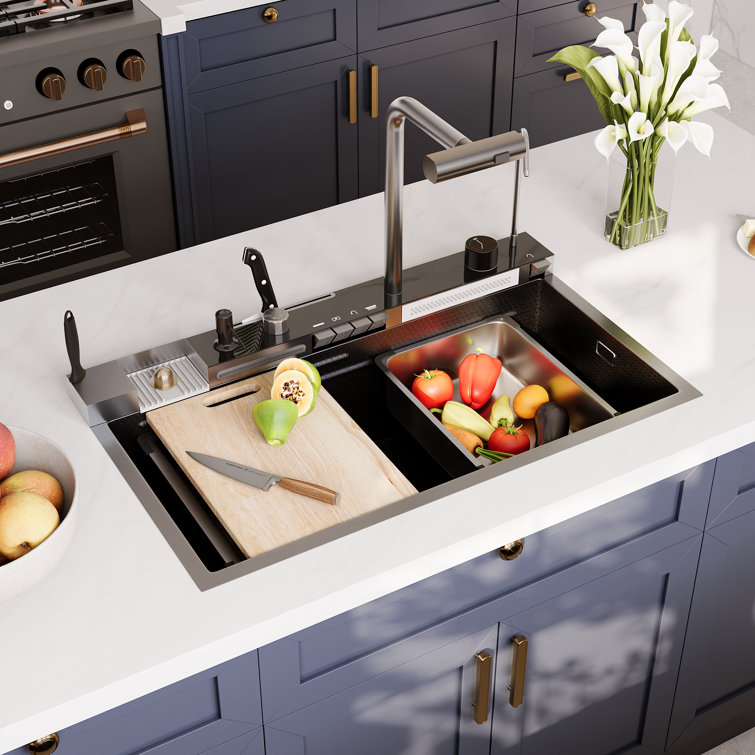 Deervalley 31.5" X 18" Smart Waterfall Kitchen Sink, Drop In Stainless Steel Digital Display Workstation Sink