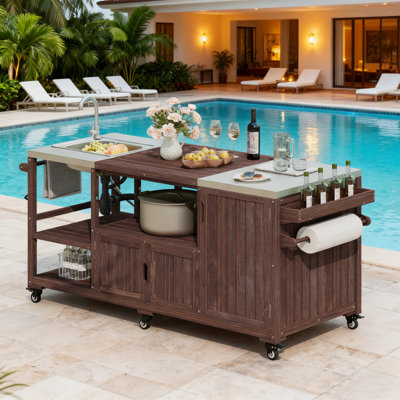 75.4" Outdoor Solid Wood Kitchen Island With Sink, Solid Wood Outdoor Grill Cart For Big Green Egg Grills, Rolling Outdoor Bar Cart