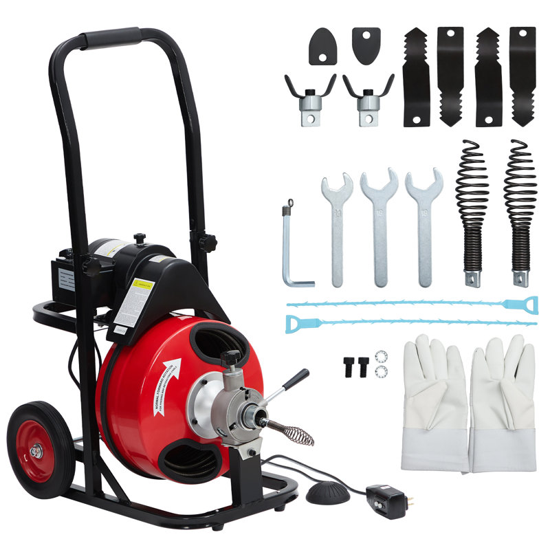 100ft x 3/8in Auto Feed Drain Cleaner Machine, 370W Portable Sewer Snake Auger with 8 Cutters & Air-Activated Foot Switch for 1" to 4" Pipes