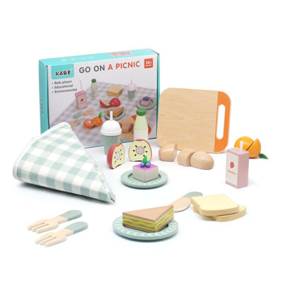 Wooden Picnic Playset with Cutting Desserts & Functional Serving Basket – Pretend Kitchen Food Play Set with Inspired Accessories