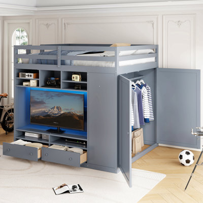 Full Size Loft Bed With Drawers, Shelves And Light