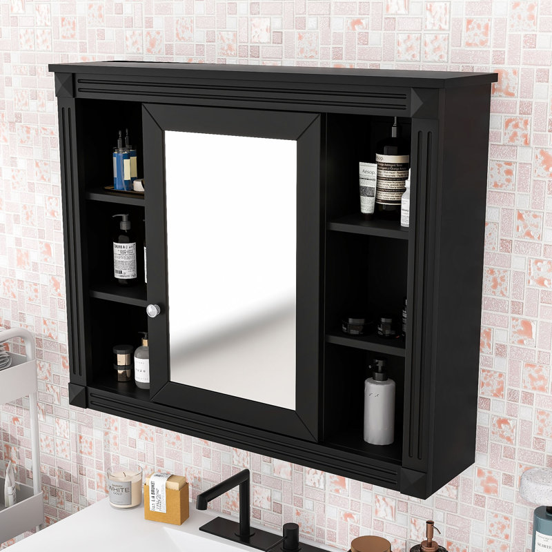 Armoire à pharmacie murale avec miroir et tablettes de rangement Yolandia, Noir