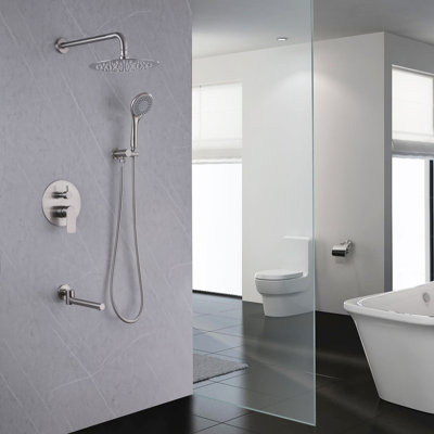 Modern 10" Round Wall Mounted Pressure Balance Rainfall Shower System With Swivel Tub Spout And Handheld Shower